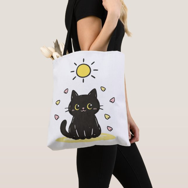 Bolsa Tote Feliz Gato Preto Sol (Close Up)