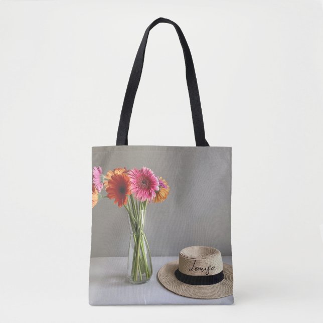 Bolsa Tote Feliz Gerbera Colorida Flor +Nome Personalizado (Frente)