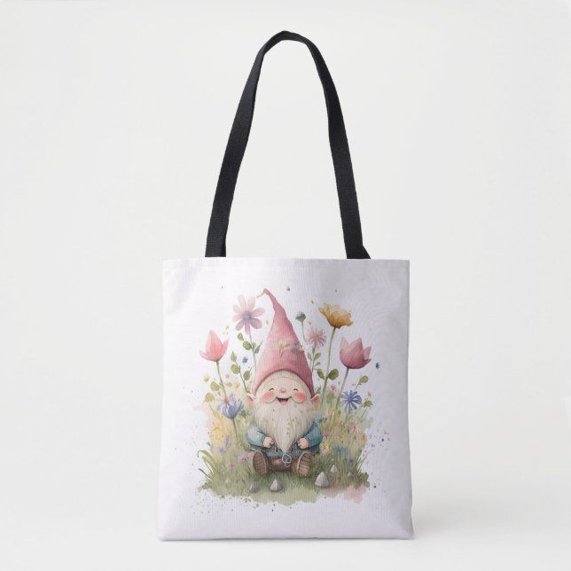 Bolsa Tote Feliz Gnomo Em Jardim (Frente)
