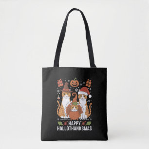 Bolsa Tote Feliz Hallothanksmas Gatos Dia das Bruxas Natal 