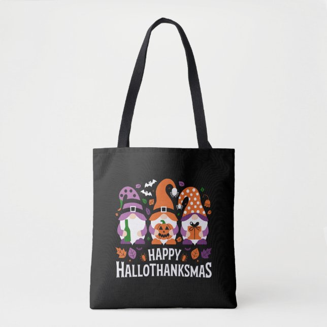 Bolsa Tote Feliz Hallothanksmas Gnomos Feliz Natal Feliz (Frente)