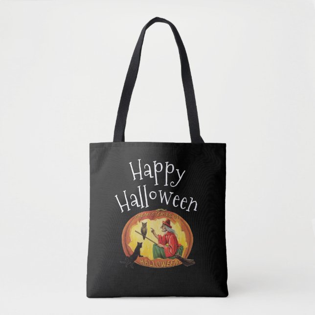 Bolsa Tote Feliz Halloween, Bruxa, Gato Negro e Coruja (Frente)