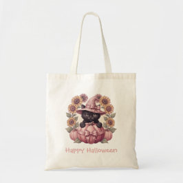Bolsa Tote Feliz Halloween Coquette Gato Preto & Abóbora Rosa