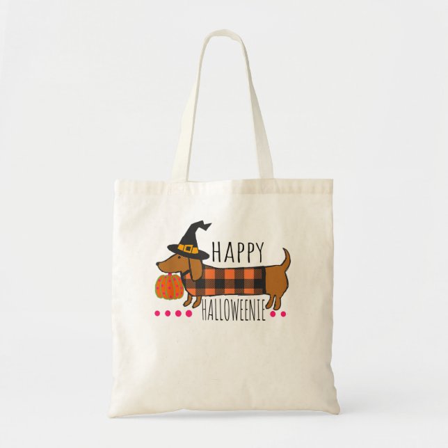 Bolsa Tote Feliz Halloween Dachshund Buffalo Xadrez Spooky (Frente)