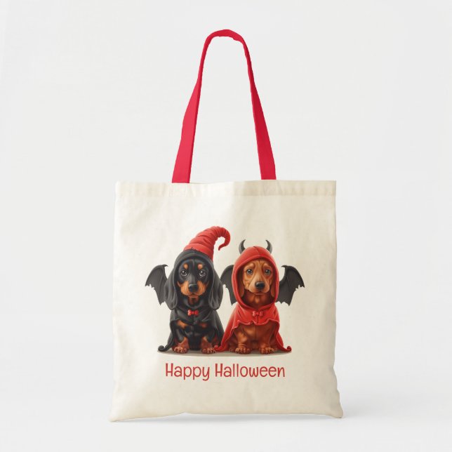 Bolsa Tote Feliz Halloween Dachshund Dogs Devil Bat (Frente)
