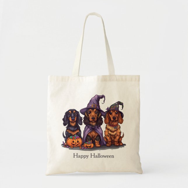 Bolsa Tote Feliz Halloween Dachshund Witch Dogs (Frente)