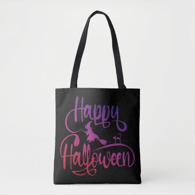 Bolsa Tote Feliz Halloween gradient voando feiticeiro (Frente)