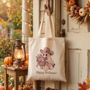 Bolsa Tote Feliz Halloween Ocidental Rosa Fantasma & Colheita
