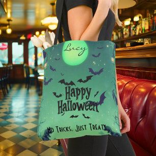 Bolsa Tote Feliz Halloween Personalizado com Lua Verde, Bats