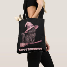 Bolsa Tote Feliz Halloween Pinkoween Gato Bruxa Preto Vintage