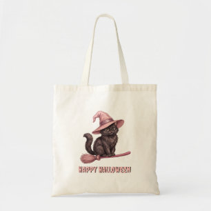 Bolsa Tote Feliz Halloween Pinkoween Gato Bruxa Preto Vintage