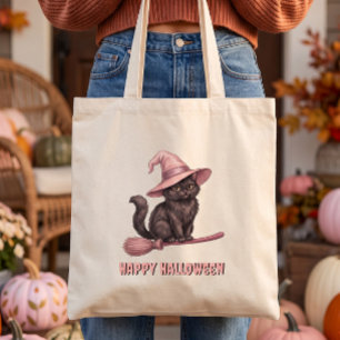 Bolsa Tote Feliz Halloween Pinkoween Gato Bruxa Preto Vintage
