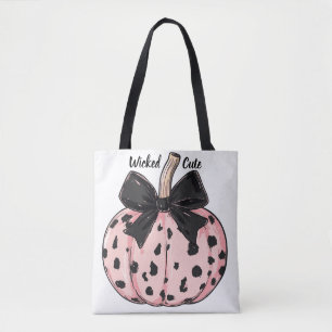 Bolsa Tote Feliz Halloween Pumpkins e arco Coquette rosa