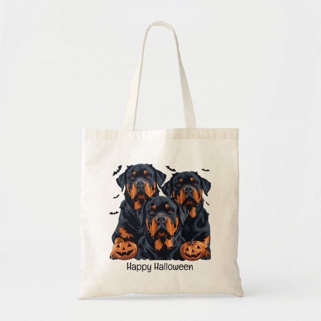 Bolsa Tote Feliz Halloween Rottweiler Cães Jack O Lanterna (Frente)