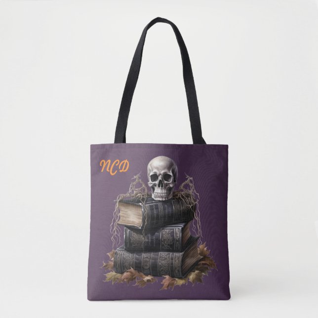 Bolsa Tote Feliz Halloween Skull e Livros Personalizados (Frente)