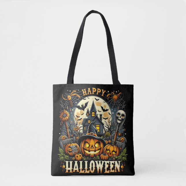 Bolsa Tote Feliz Halloween Spooky, Casa Assombrada e Pumpkins (Frente)