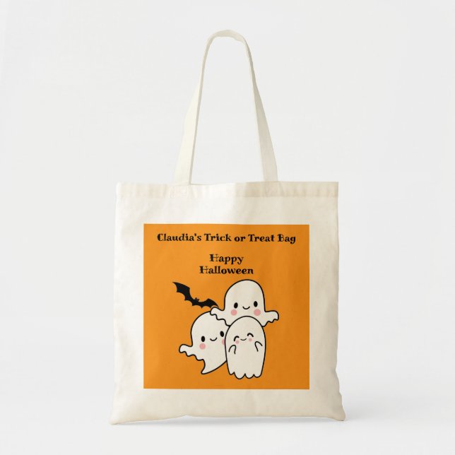 Bolsa Tote Feliz Halloween TRICK ou TREAT Ghost Bats (Frente)