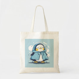 Bolsa Tote Feliz Kawaii Penguin em uma capa de chuva