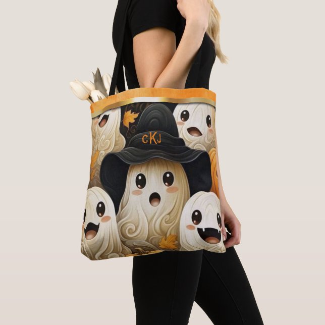 Bolsa Tote Feliz Monograma de Halloween Fantasma (Close Up)
