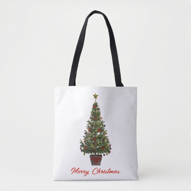 Bolsa Tote Feliz Natal. Árvore de Natal (Frente)