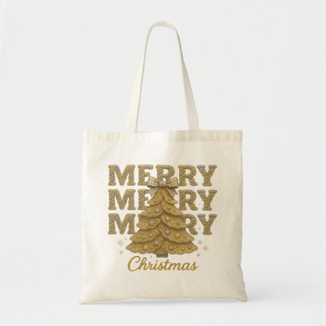 Bolsa Tote Feliz Natal Árvore de Natal Dourada (Frente)