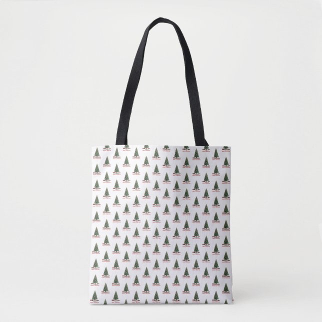 Bolsa Tote Feliz Natal. Árvore (design 1) com presentes (Frente)