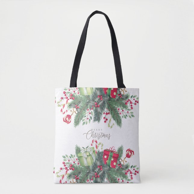 Bolsa Tote Feliz Natal Árvore Festiva Design (Frente)