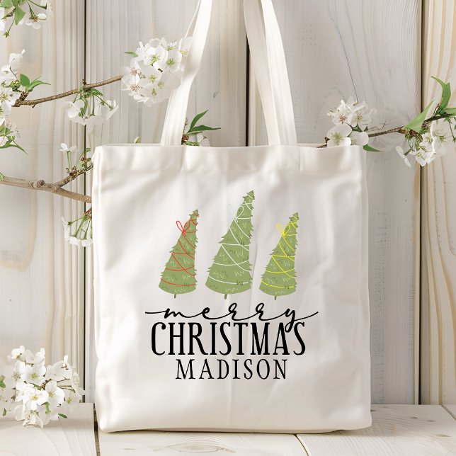 Bolsa Tote Feliz Natal Árvores Modernas Férias de Script (Criador carregado)