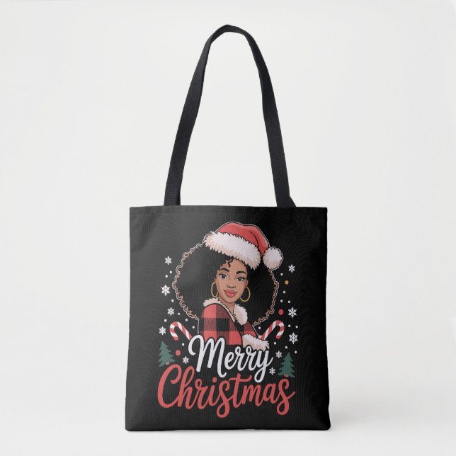 Bolsa Tote Feliz Natal Black African Girl Santa Hat Xmas (Frente)