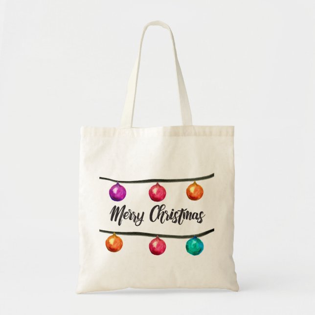 Bolsa Tote Feliz Natal - Bolas de Ornamento de Aquarelas (Frente)