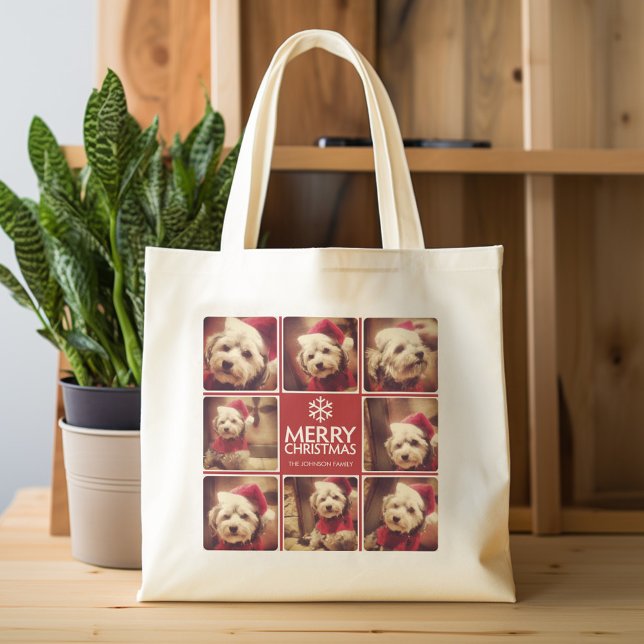 Bolsa Tote Feliz Natal - Colagem de Fotos Vermelha (Personalized tote bag with photos and custom text)