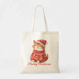 Bolsa Tote Feliz Natal com Gato Bonito no Chapéu Feriado