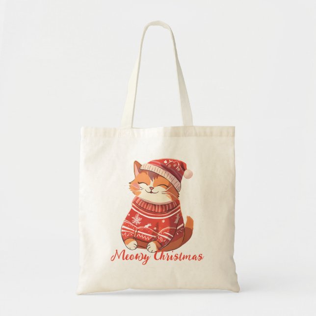 Bolsa Tote Feliz Natal com Gato Bonito no Chapéu Feriado (Frente)