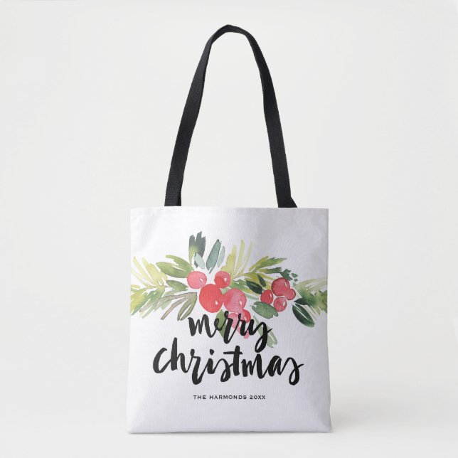 Bolsa Tote Feliz Natal da rotulação da escova do azevinho da (Frente)