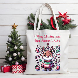 Bolsa Tote Feliz Natal e Suéter Feio Deseja Reindeer