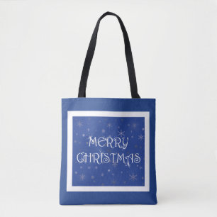 Bolsa Tote Feliz Natal em Azul com Flocos de Neve