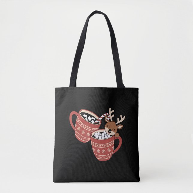 Bolsa Tote Feliz Natal - Família de Reindeers Cute Xmas Café (Frente)