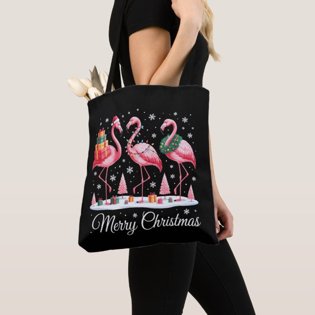 Bolsa Tote Feliz Natal Flamingo Light Santa Hat Xmas (Close Up)