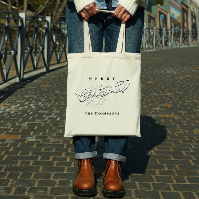 Bolsa Tote Feliz Natal Floco de Neve Personalizado (Silver snowflake simple holiday tote bag)