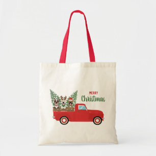 Bolsa Tote Feliz Natal Francês Bulldog Red Pickup Truck