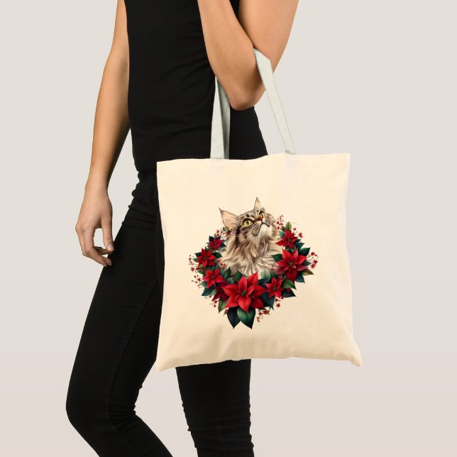 Bolsa Tote Feliz Natal Gato Maine Coon  (Frente (produto))