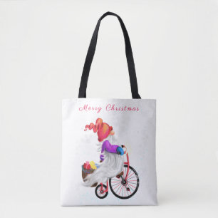 Bolsa Tote Feliz Natal - Gnomo Engraçado com Bicicleta e Pre