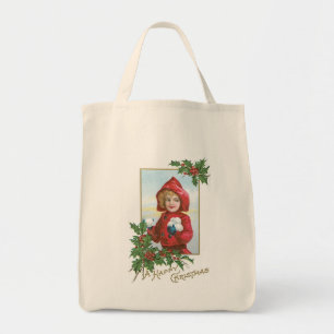 Bolsa Tote Feliz Natal Menina com Bolas de Neve