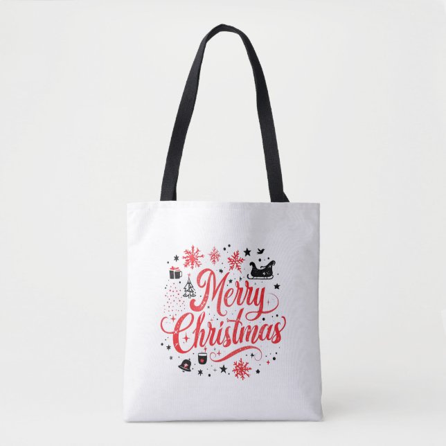 Bolsa Tote Feliz Natal Moderno Design | Vermelho e Branco (Frente)
