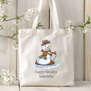 Bolsa Tote Feliz Natal Nome Personalizado Snowman Sledding