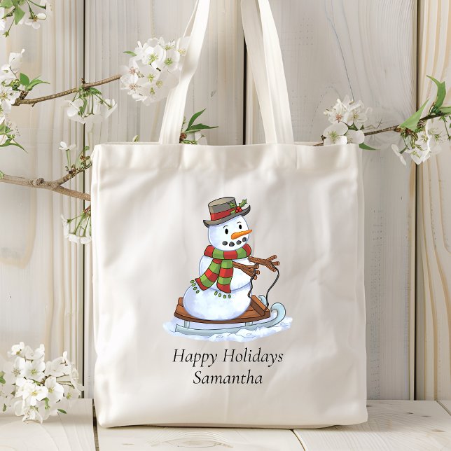 Bolsa Tote Feliz Natal Nome Personalizado Snowman Sleding (Criador carregado)