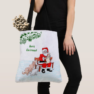 Bolsa Tote Feliz Natal! Papai Noel com Gato e Cão