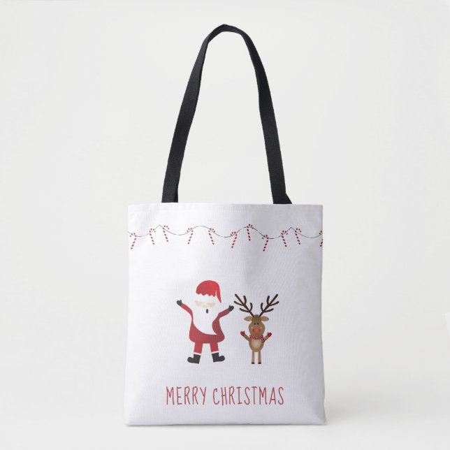 Bolsa Tote Feliz Natal Papai Noel Rudolph Candy Canes (Frente)