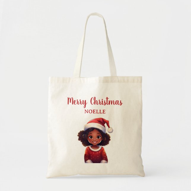 Bolsa Tote Feliz Natal! Pequena Menina Negra Santa Hat (Frente)