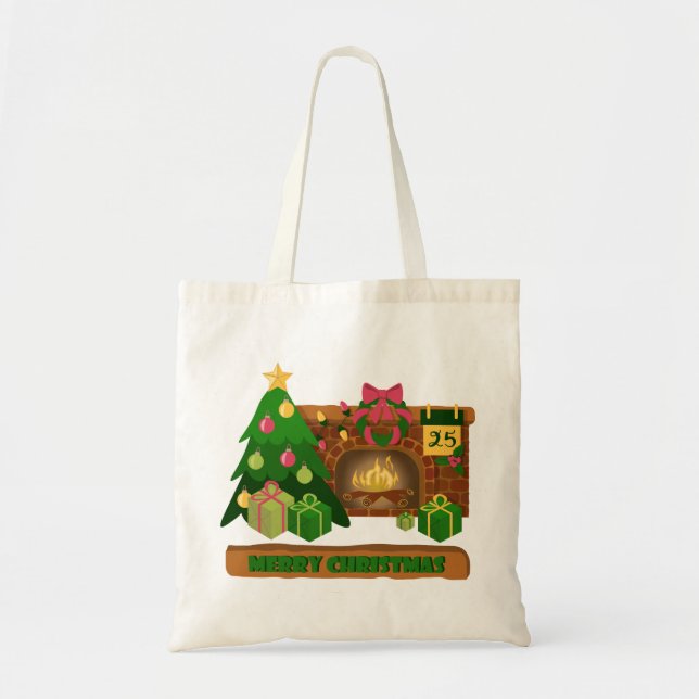 Bolsa Tote Feliz Natal perto da árvore de Natal de lareira bo (Frente)